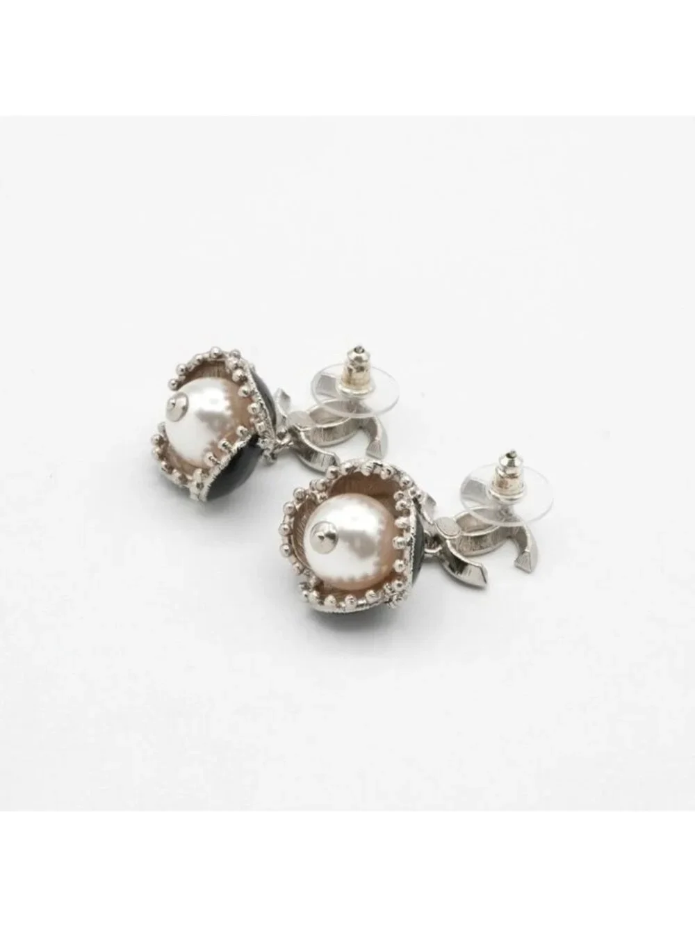 Chanel Earrings Silver Black Coco Mark Rhinestone Flower